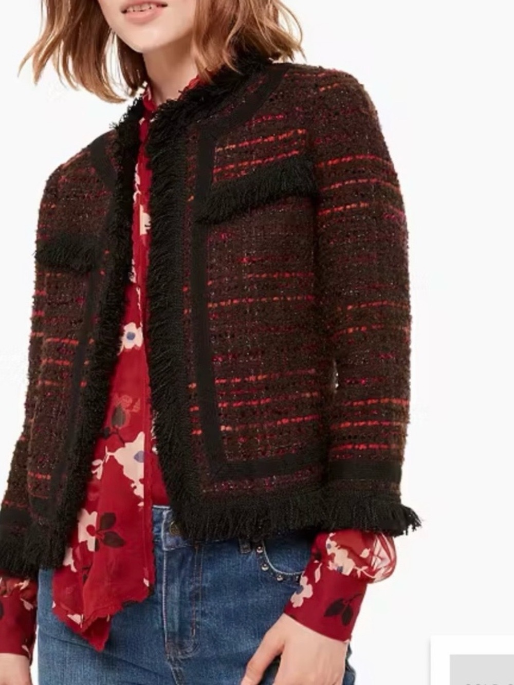 kate spade Black Tweed Fringed Jacket with Red Accents
